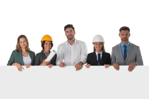 Construction workers with empty banner Stock Photos