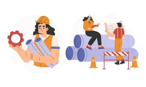 Construction Workers Engaged in Team Collaboration on a Building Project to 库存插图