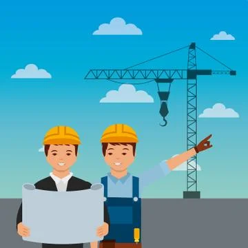 Construction workers engineer foreman blueprint crane on sky background Stock Illustration