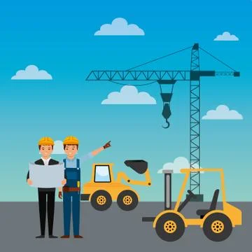 Construction workers engineer foreman truck forklift excavator crane Stock Illustration