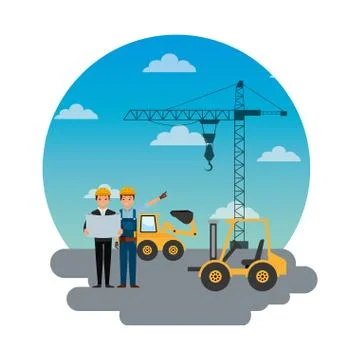 Construction workers engineer foreman truck forklift excavator crane round sky Stock Illustration