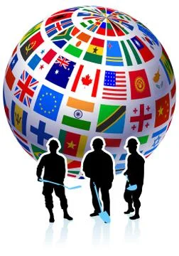Construction Workers with Flags Globe Stock Illustration