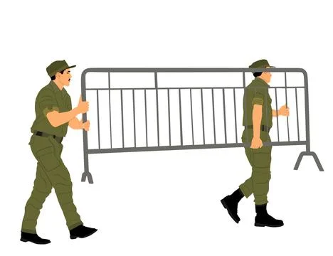 Construction workers hands carrying fence barricade Illustrazione stock
