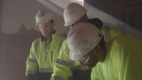 Construction Workers In Hard Hats Discuss Job Site Stock Footage 270388424