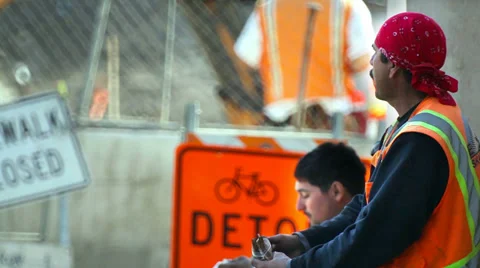 Construction workers having lunch  at development site Stock Footage 34541191