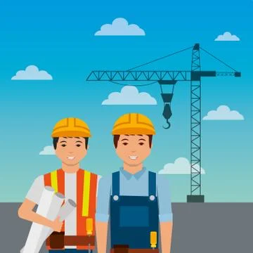 Construction workers with helmet crane on sky background Stock Illustration