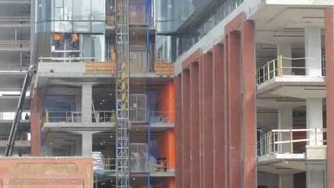 Construction Workers Highrise Condo Building Development Progress Wide Video stock 87430681