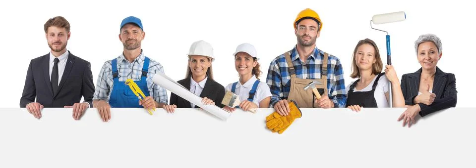 Construction workers holding billboard Stock Photos