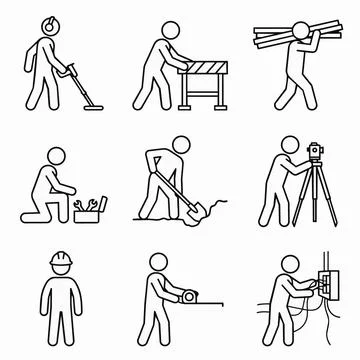Construction workers icons set, line style, various tasks Silhouette イラスト素材