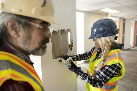 Construction workers inspecting wall in empty office Stock Photos