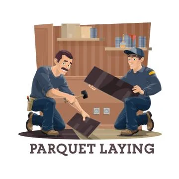 Construction workers installing parquet, flooring Ilustración de archivo
