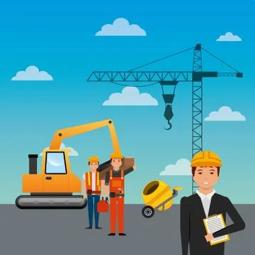 Construction workers loading machine mixer concrete crane sky background Stock Illustration