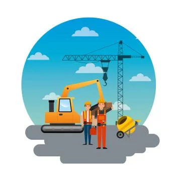 Construction workers loading machine mixer concrete crane round sky design Stock Illustration