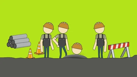 Construction Workers Look on as One Man Digs (Looping): Green Screen + Matte Stock Footage 125986918