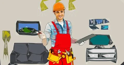 Construction Workers. Man working with shovel. Male Construction Worker using Stock Illustration