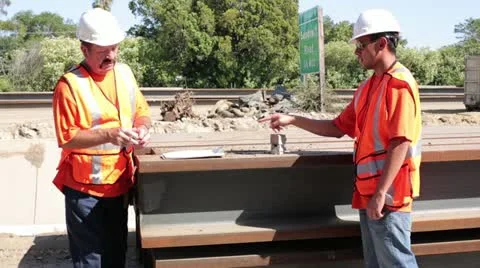 Construction workers measuring steel rail Stock Footage 11811148