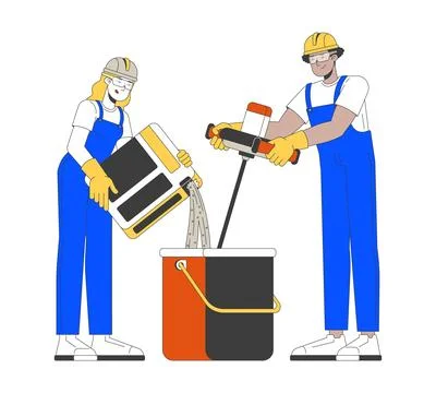 Construction workers mixing plaster 2D vector illustration Stock Illustration