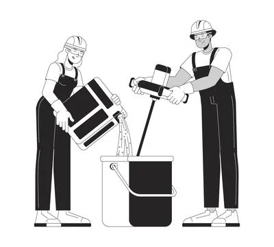 Construction workers mixing plaster outline illustration Stock Illustration