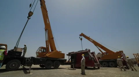 Construction Workers With Mobile Cranes Stock Footage 62082177