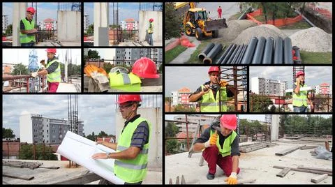 Construction Workers or Engineers Photo Collage Stock Photos