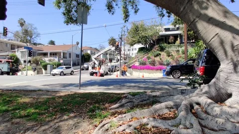Construction Workers Orange Vest Cherry Picker Downtown Los Angeles California Stock Footage 127403707