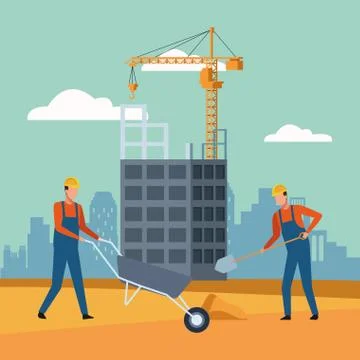 Construction workers over under construction scenery background Stock Illustration
