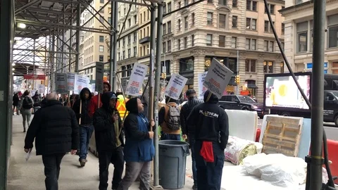 Construction workers picketing and striking in New York City on December 6, 2019 Stock Footage 120942103