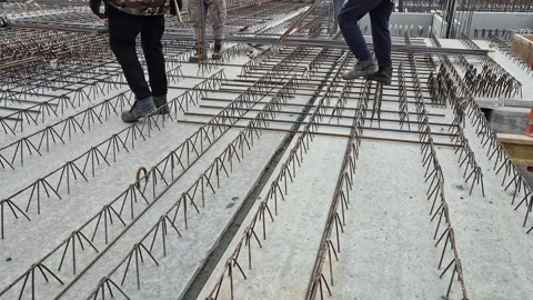 Construction Workers Placing Steel Rebar in Twin Wall Stock-Footage 336498243