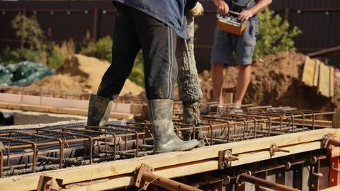 Construction workers pouring concrete foundation for building project Stock Photos