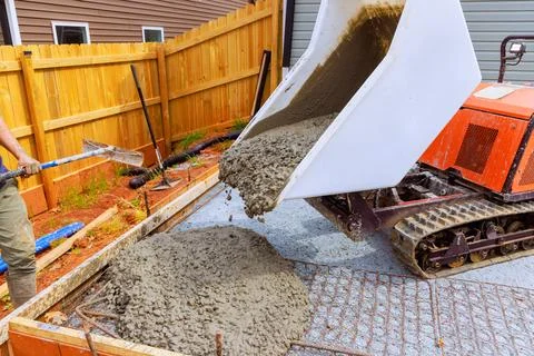 Construction workers pouring concrete mixture into a foundation form at a Foto stock