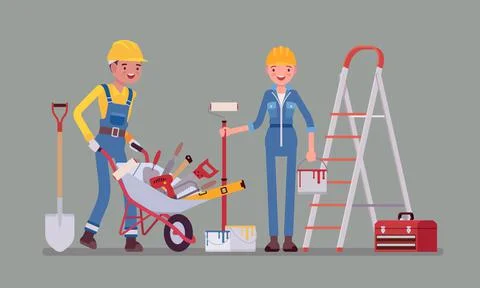 Construction workers with professional equipment Illustrazione stock