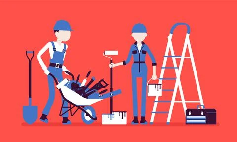 Construction workers with professional equipment Illustrazione stock