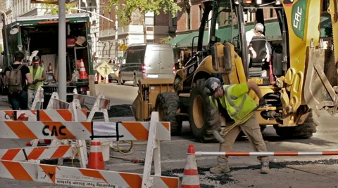Construction Workers Road Work Crew Digger Job Site Manhattan New York City NYC Stock Footage 43382652