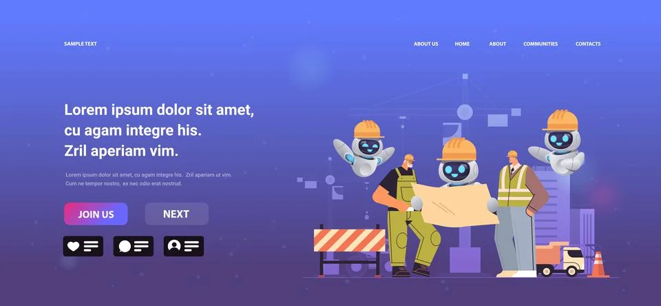 Construction workers with robots holding blueprint industrial technicians Stock Illustration