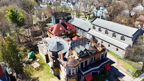 Construction Workers - Roofing Construction - Syracuse, NY Foto stock