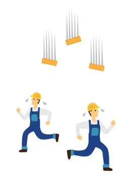 Construction workers running away from falling bricks. Concept of work safety Stock Illustration