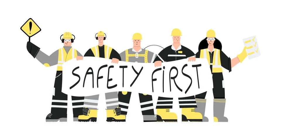 Construction Workers with Safety first sign Stock Illustration