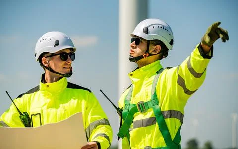 Construction workers in safety gear coordinating at a wind farm location un.. Stock Photos