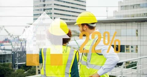 Construction workers in safety gear discussing project with city skyline Stock Illustration