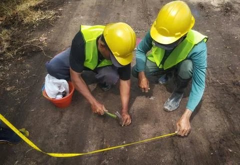Construction workers in safety gear measuring and marking ground on a road .. Stock Photos