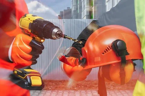 Construction workers in safety vest using power drill and orange helmet, agai Stock Photos