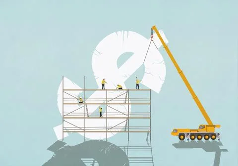 Construction workers on scaffolding and crane attempting to repair and lift Stock Illustration