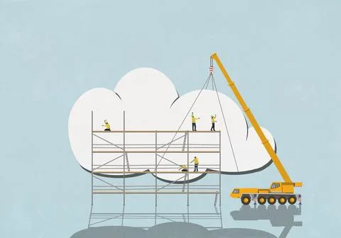 Construction workers on scaffolding and crane lifting large cloud against blue Stock Illustration