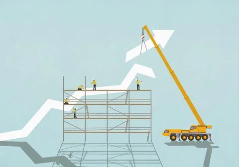 Construction workers on scaffolding below crane assembling ascending graph arrow Stock Illustration