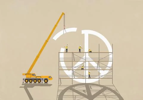 Construction workers on scaffolding below crane assembling large peace sign Stock Illustration