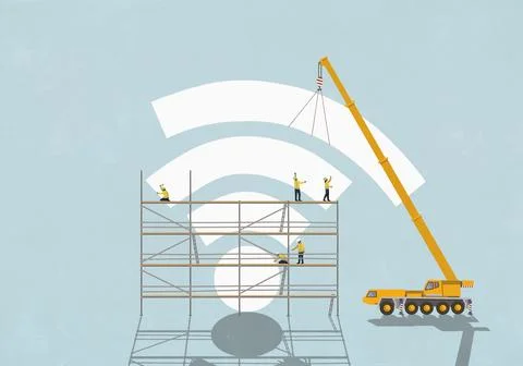 Construction workers on scaffolding guiding crane adding large bar to Wi-Fi Stock Illustration