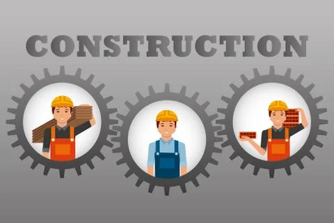 Construction workers set inside gears gray background Stock Illustration