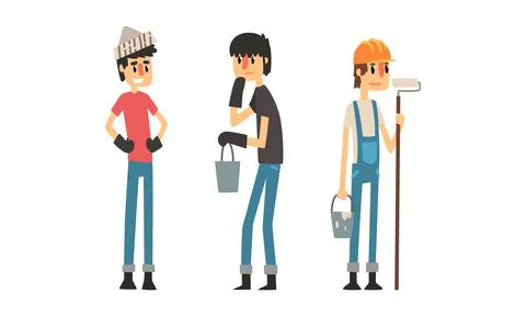 Construction Workers Set, Man Builders in Overalls with Tools Cartoon Vector Stock Illustration
