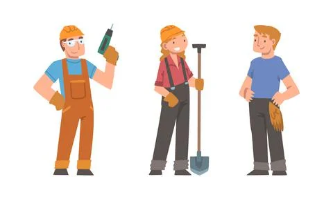 Construction workers set. Men and woman builders with tools cartoon vector Stock Illustration