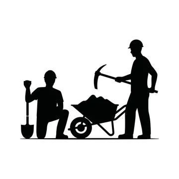 Construction Workers Silhouette with Shovel and Pickaxe Loading Wheelbarrow.. Illustrazione stock